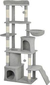 PawHut Arranhador para Gatos Grande com 7 Postes 1 Túnel 3 Plataformas 2 Cavernas 1 Rede 1 Poleiro 1 Rampa Pompons 60x40x170 cm Cinzento | Aosom Portugal
