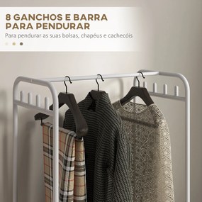 Cabide Moderno 8 Ganchos e 4 Cestos para Armazenamento Charriot com Rodas e Estrutura de Aço 63x37x153 cm Branco