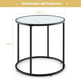 Mesa de apoio redonda de 50 cm com estrutura metálica e tampo de vidro com efeito mármore Preto e branco