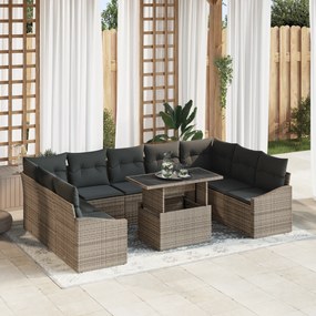 Conjunto de Sofá de Jardim de 10 peças com Almofadas Cinza Ratã Poli
