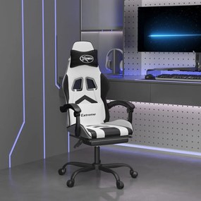 vidaXL Cadeira gaming c/ apoio p/ pés couro artificial preto e branco