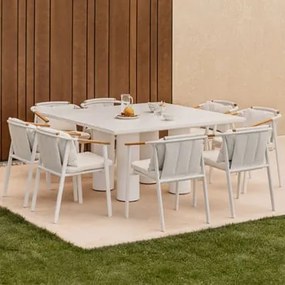 Conjunto De Mesa Quadrada De 150x150 Cm Em Cimento Lisboa E 8 Cadeiras De Jardim Yervin Em Alumínio E Tecido Bouclé. Bouclé Cores Naturais - Sklum