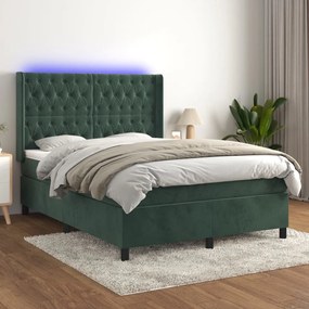 Cama box spring c/ colchão/LED 140x200 cm veludo verde-escuro