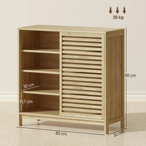 Armário de Casa de Banho em Bambu com 2 Portas de Correr Desenho com Ripas 4 Prateleiras Móvel Auxiliar de Arrumação 80x34x80 cm Madeira