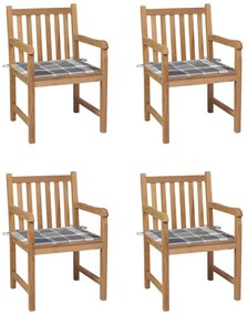 vidaXL Cadeiras jardim c/ almofadões xadrez cinzento 4 pcs teca maciça
