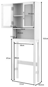 Armário casa de banho com portas duplas de vidro temperado e prateleira interna ajustável 57,5 ​​x 18,5 x 163 cm branco