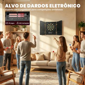 Alvo Eletrónico com 6 Dardos de Ponta Macia e 24 Pontas de Substituição 2 Ecrãs LED Avisos de Voz até 8 Jogadores com 25 Jogos