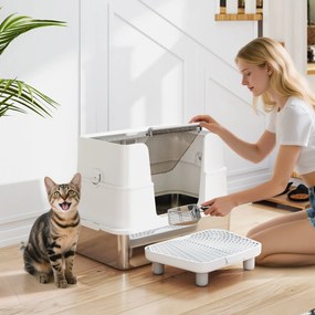 Caixa de areia XL em aço inoxidável para gatos de grande porte, tampa giratória a 100°, pá, 60,2 x 40,2 x 44,5 cm, cinzento claro