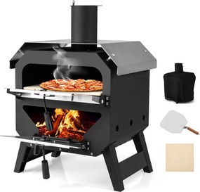 Forno para pizza ao ar livre com pedra para pizza, tabuleiro e tampa em aço inoxidável para campismo 45 x 43 x 61 cm Preto