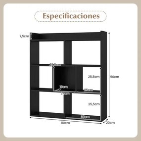 Estante aberta com 7 cubos de madeira 80 x 20 x 90 cm para quarto e sala de estar Preta