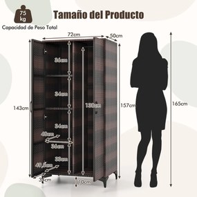 Armario de vime com 2 portas PE com varão para pendurar e 4 cubos de arrumação Organizador de roupa para casa pátio garagem Castanho