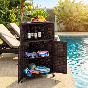 Armário de rattan para exterior com rodas 66 x 47 x 111 cm, compartimento aberto de 2 níveis com portas, aparador com rodas para jardim e terraço, Cas