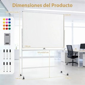 Quadro magnético 156 x 54 x 195/215 cm dupla face móvel com suporte ajustável e rodas bloqueáveis para escritório, casa e sala de aula Branco