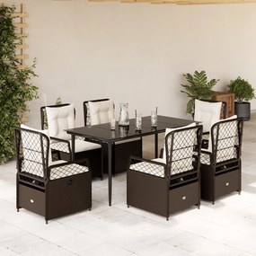 vidaXL 7 pcs conjunto jantar p/ jardim c/ almofadões vime PE castanho