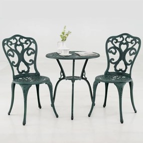 Conjunto jardim de bistrô de 3 peças para exterior de mesa e cadeiras em alumínio fundido com orifício para guarda-sol para jardim verde