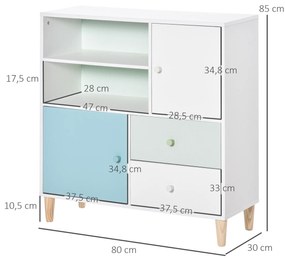 HOMCOM Móvel Infantil Cómoda para Crianças com 2 Compartimentos 2 Gavetas e 2 Armários para Armazenamento de Livros Brinquedos Roupa 80x30x85cm Azul Verde Menta Branco