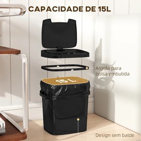 Caixote de Lixo Automático 15L com Sensor Infravermelhos e Modo Manual Anel de Retenção Antimarcas 27,6x21,4x33,5 cm Preto