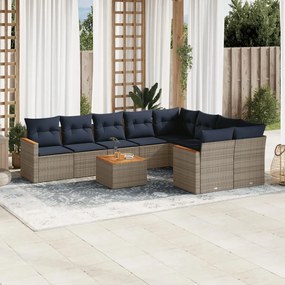 vidaXL 10 pcs conjunto sofás p/ jardim c/ almofadões vime PE cinzento