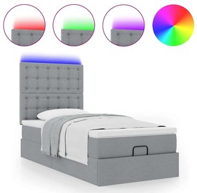 Cama Otomana com colchão &amp; LEDs 90x200 cm tecido cinzento claro