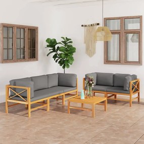 vidaXL 6 pcs conj. lounge de jardim + almofadões cinzentos teca maciça