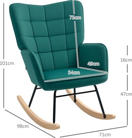 Cadeira de baloiço com estofo em veludo e estrutura em aço, 71 x 98 x 101 cm, verde