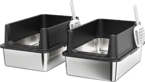 PawHut Conjunto de 2 Caixas Sanitárias em Aço Inoxidável XL com Borda Alta e Tampa 60x40x30cm Meio-aberta com 2 Pás, para Gatos Grandes até 8 kg | Aosom Portugal