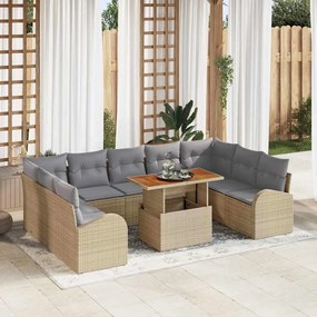 vidaXL Conjunto de Jantar de 10 Peças para Jardim com Almofadas em Rattan Bege e Acará