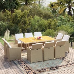 vidaXL 11 pcs conjunto jantar p/ jardim c/ almofadões vime PE bege