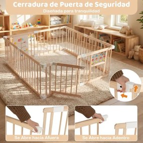 Parque infantil Bebe Madeira 160 x 160 x 61,5 cm com brinquedos Montessori, porta bidirecional, fecho de segurança e forma ajustável, natural
