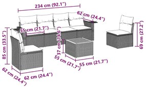 7 pcs conjunto de sofás p/ jardim c/ almofadões vime PE preto