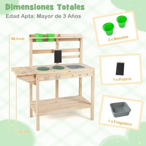 Cozinha brincar de madeira 75 x 30 x 88,5 cm com fogões, puxadores giratórios, quadro de giz, vasos, estantes e espaço de arrumação 3+ Anos Natural