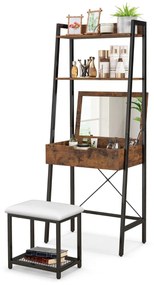 Toucador maquiagem em formato de escada com cadeiras de painel duplo, compartimentos ocultos e banco acolchoado Preto + Castanho Rústico