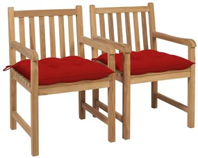 vidaXL Cadeiras de jardim c/ almofadões vermelhos 2 pcs teca maciça
