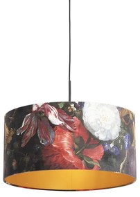 Candeeiro de suspensão com abajur de veludo flores com dourado 50 cm - Combi Clássico / Antigo
