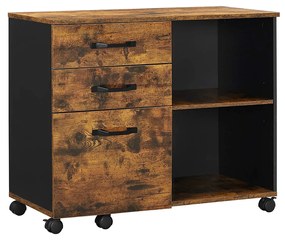 Arquivo móvel lateral com 3 gavetas e compartimentos abertos.