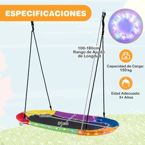 Baloiço crianças de 150 cm com luzes LED Cordas ajustáveis e Estrutura de aço para crianças e adultos Multicolorido