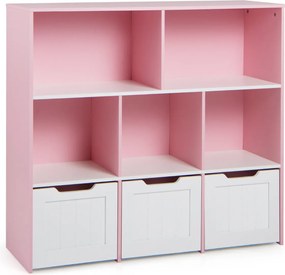 Estante infantil para brinquedos 100 x 33 x 90 cm com 5 compartimentos abertos e 3 gavetas móveis – Organizador de brinquedos com rodas para sala de j