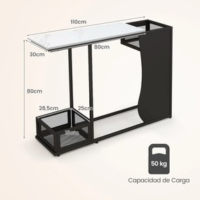 Mesa consola com suporte para plantas, tampo de mármore artificial e 2 cubos Mesa lateral de destaque Mesa lateral de entrada 110 x 30 x 80 cm preta