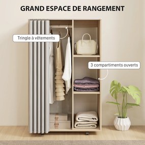 Armário guarda-roupa móvel com 4 rodas, varão para roupa e prateleiras, 80x40x128 cm, efeito de madeira natural