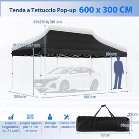 Tenda para festas dobrável impermeável de 300 x 600 cm com bolsa de transporte Proteção solar jardim preta