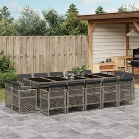 vidaXL 15 pcs conjunto jantar p/ jardim c/ almofadões vime PE cinzento