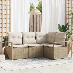 vidaXL Conjunto de Sofá de Jardim de 4 Peças com Almofadas Bege Rattan Sintético