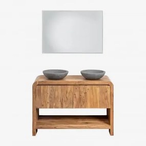Conjunto De Móvel De Casa De Banho Em Madeira Vacry Castanho Acácia & 2 X Cimento Cinzento Redondo Ø40 Cm Tarsis & Led Retangular E Anti-embaciamento