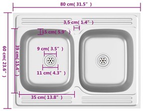 Lava-louça cozinha + cuba dupla 800x600x155mm aço inox prateado