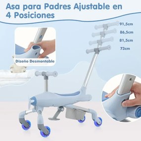Carrinho de bebé 2 em 1 com tema de avião, rodas iluminadas por LED, pega amovível, apoio para os pés dobrável e ajustável para crianças dos 18 aos 70