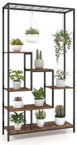Suporte alto para plantas de 6 níveis, 71" de metal, prateleira para plantas internas com 10 ganchos para pendurar, preto