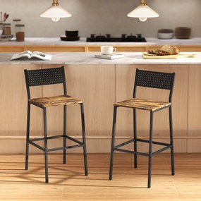 Conjunto de 2 bancos de bar, cadeiras de bar, assento com 72,5 cm de altura, encosto e apoio para os pés, pés em metal, castanho rústico