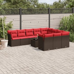 vidaXL 11 pcs conjunto sofás de jardim c/ almofadões vime PE castanho