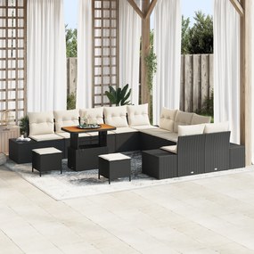 Conjunto de Sofás de Jardim de 13 Peças com Almofadas Preto Polirattan Acácia