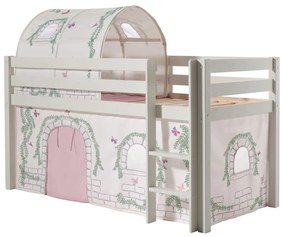 Conjunto Cama alta de Criança PINO 90 x 200 cm + estrado + escada + cortina + túnel Passaros Branca